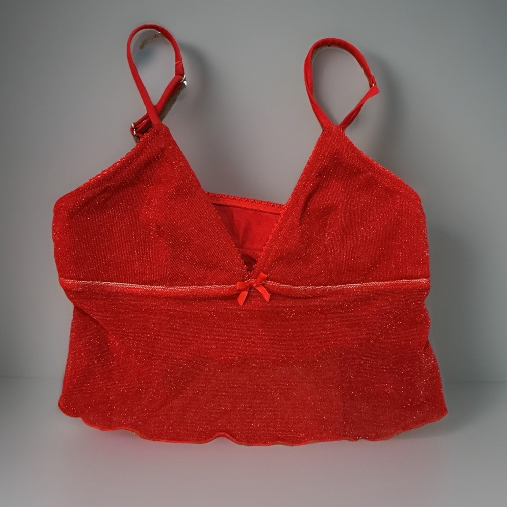 Red Sparkly Cami Top Adjustable Straps Cropped Tank Bow‎ Accent Party Sexy